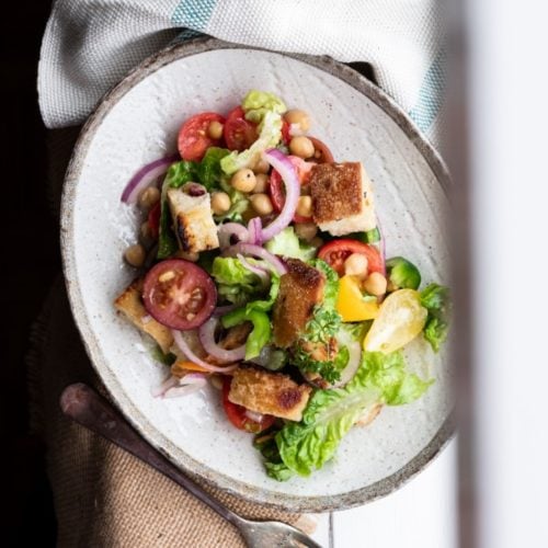 vegan chickpea panzanella from above