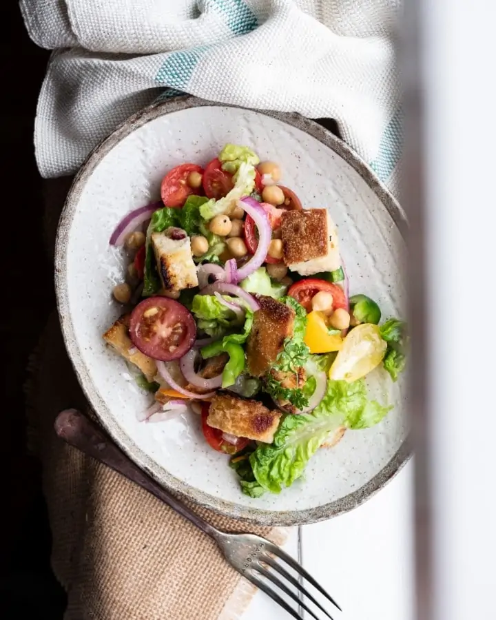 vegan chickpea panzanella from above