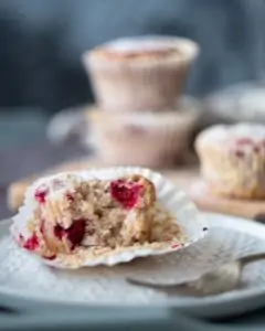 vegan raspberry coconut muffin bite from the side