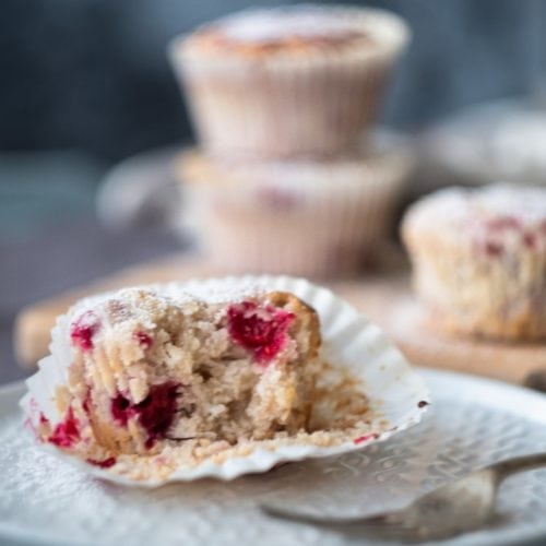 vegan raspberry coconut muffin bite from the side