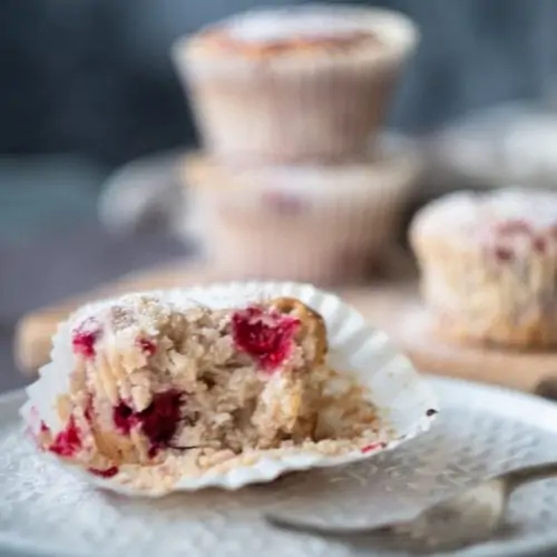 vegan raspberry coconut muffin bite from the side