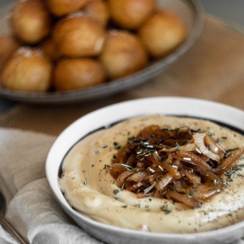 onion dip and pretzel bites from side