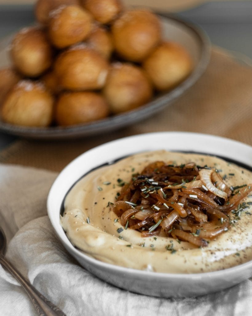 onion dip and pretzel bites from side