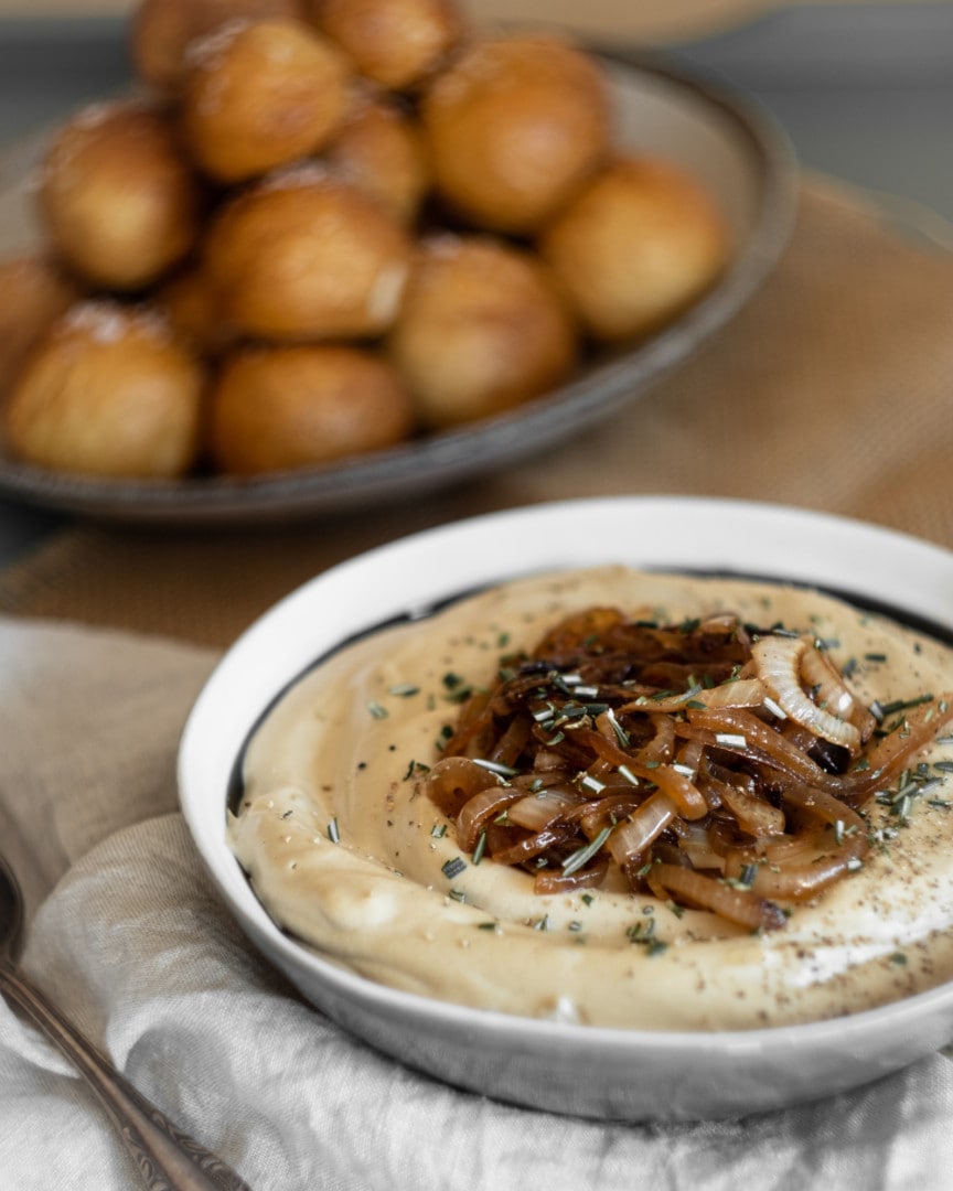 onion dip and pretzel bites from side