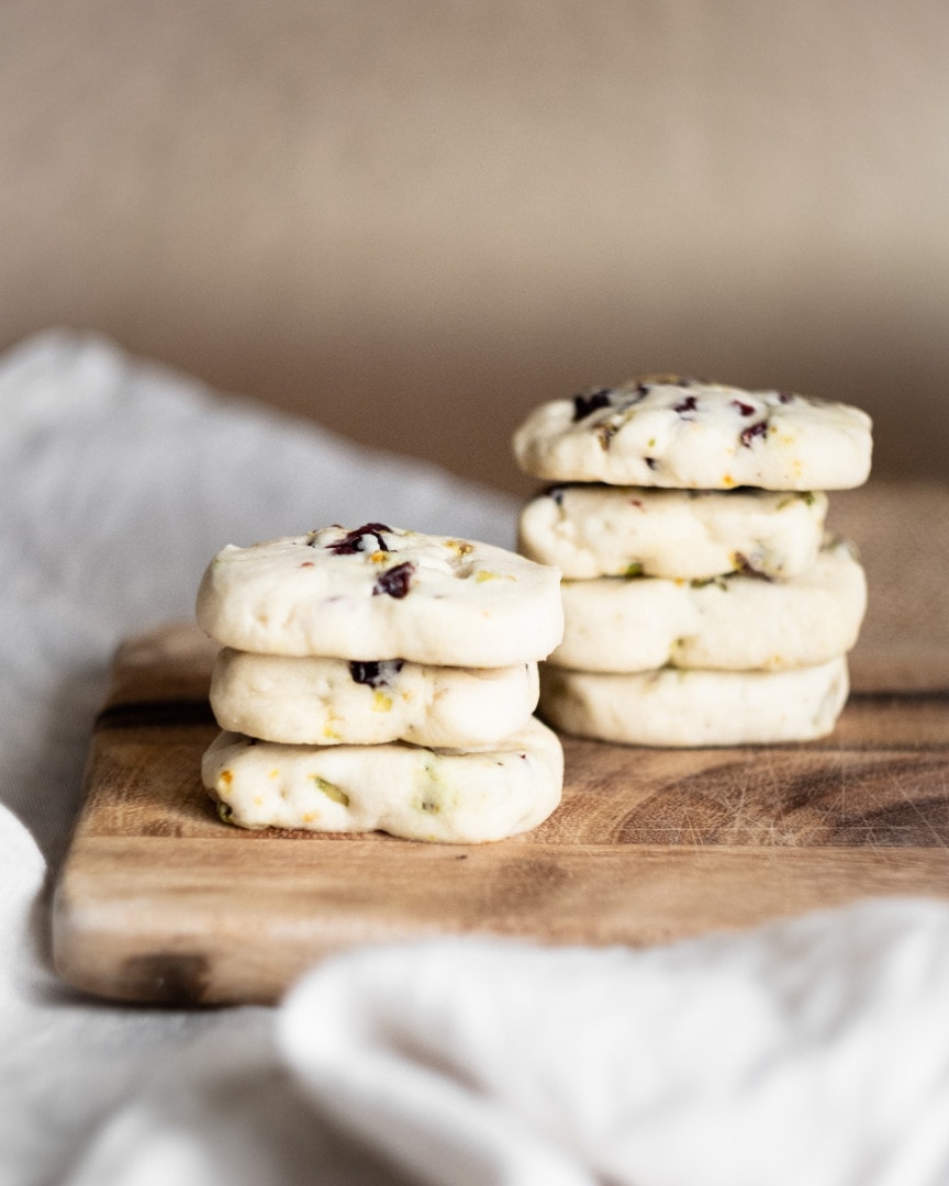 pistachio cranberry shortbread stacked