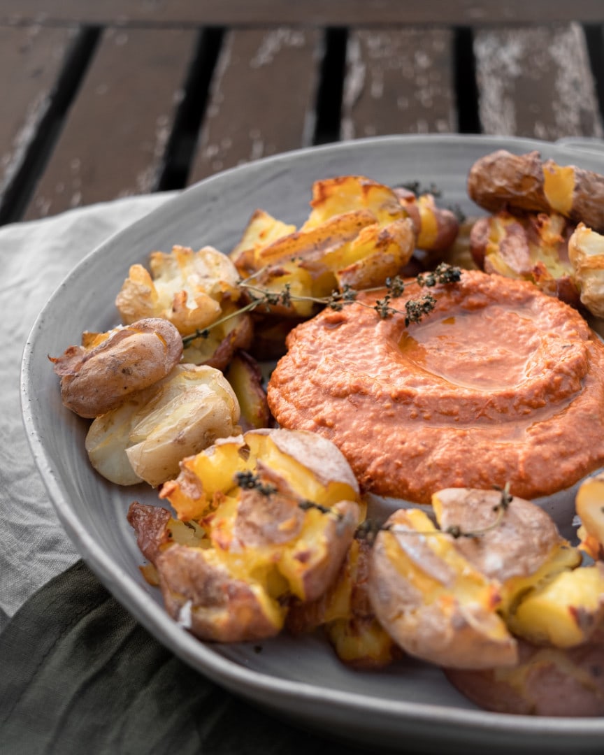 smashed potatoes and romesco 45 angle