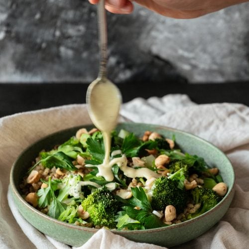 Barley Broccoli Salad with tahini dressing