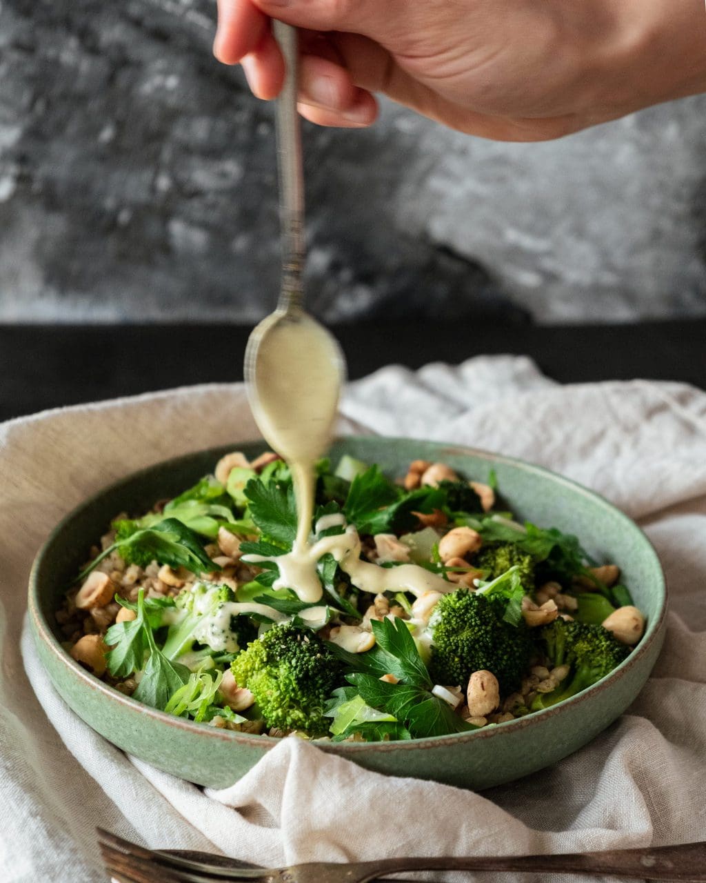 Barley Broccoli Salad with tahini dressing