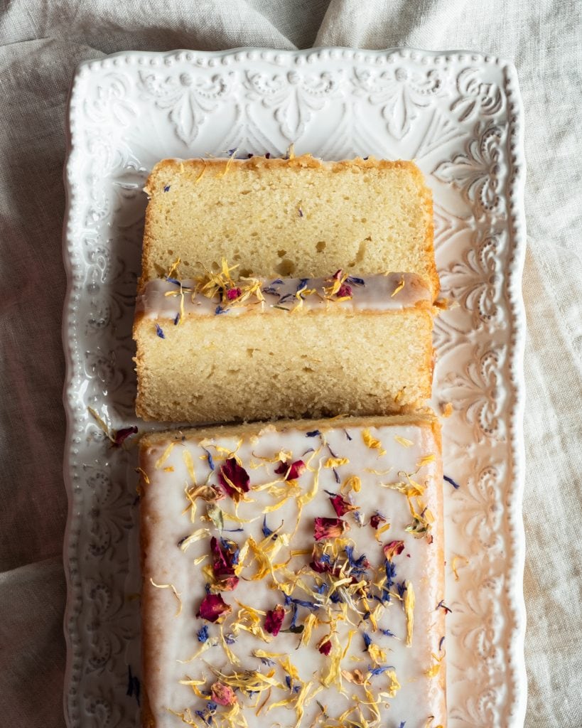 Vegan Lemon Cake with dried flowers from above