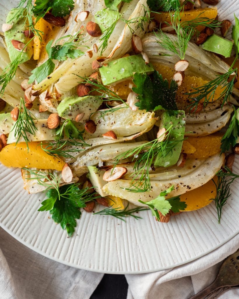 roasted fennel salad from above close up