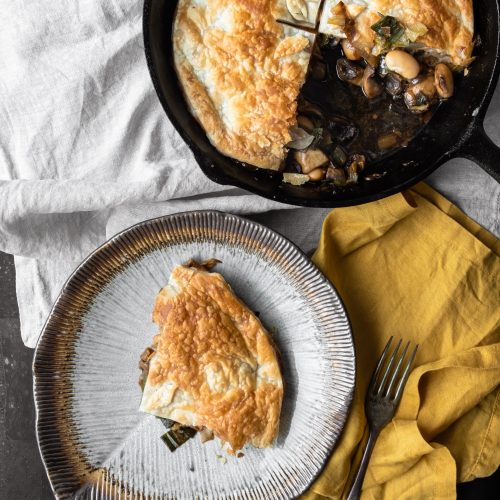 mushroom leek pie slice and pie