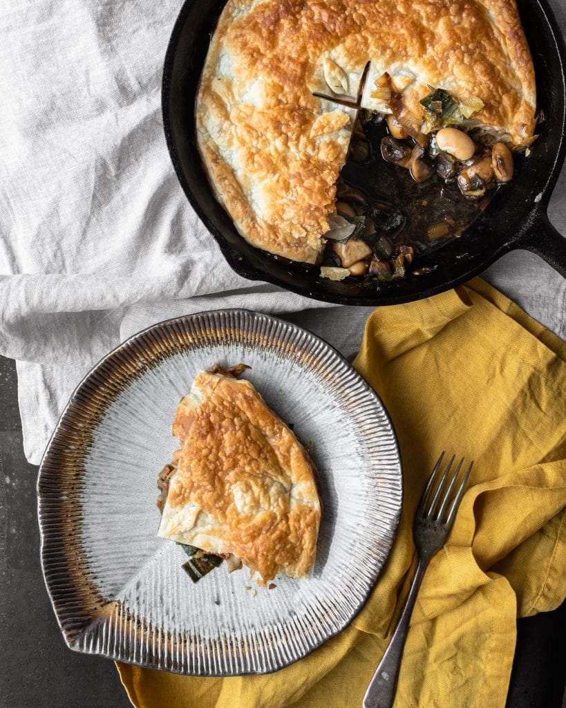 mushroom leek pie slice and pie