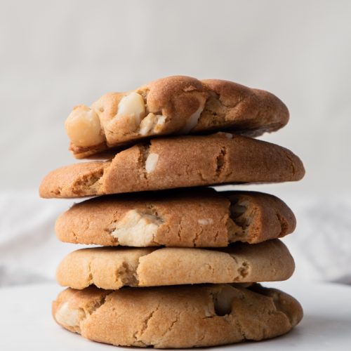 miso macadamia white chocolate cookies from side close up