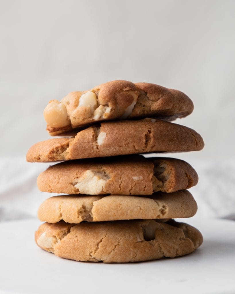 miso macadamia white chocolate cookies from side close up