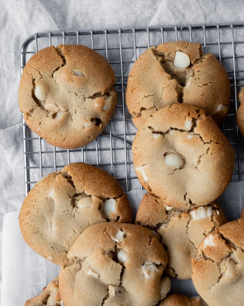 miso macadamia white chocolate cookies tray