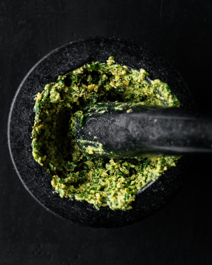 hazelnut pesto in mortar and pestle