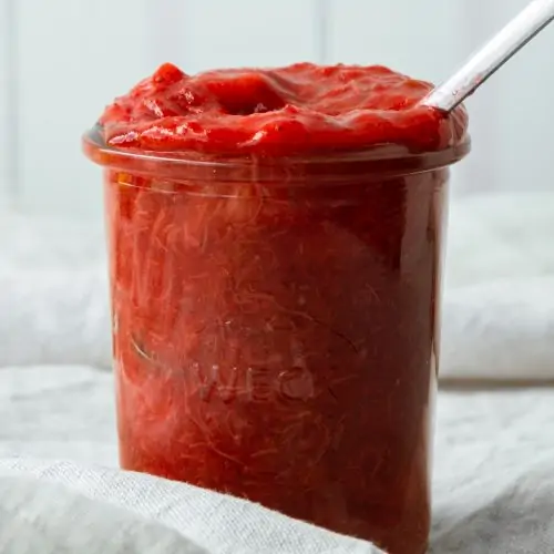 rhubarb strawberry compote with spoon