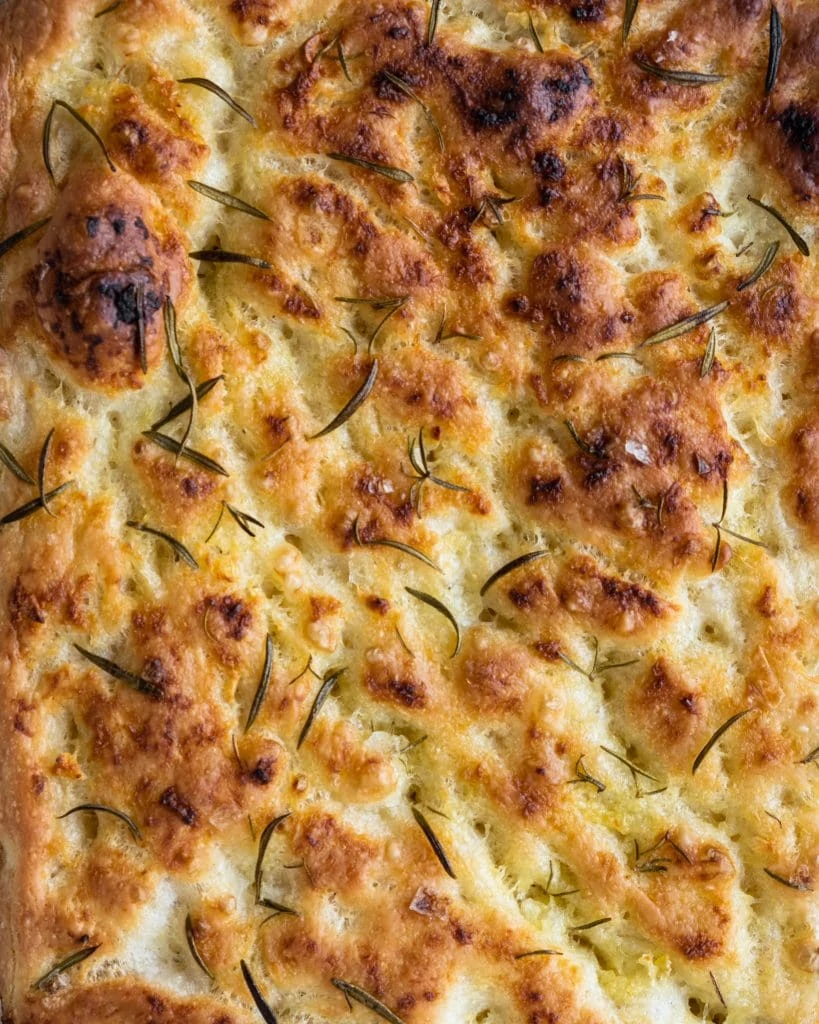 garlic rosemary focaccia above close up
