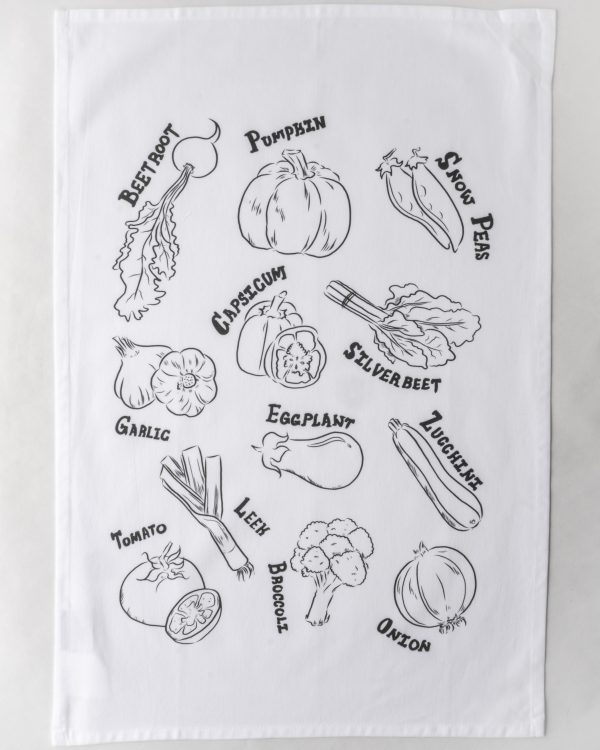 vegetables tea towel from above