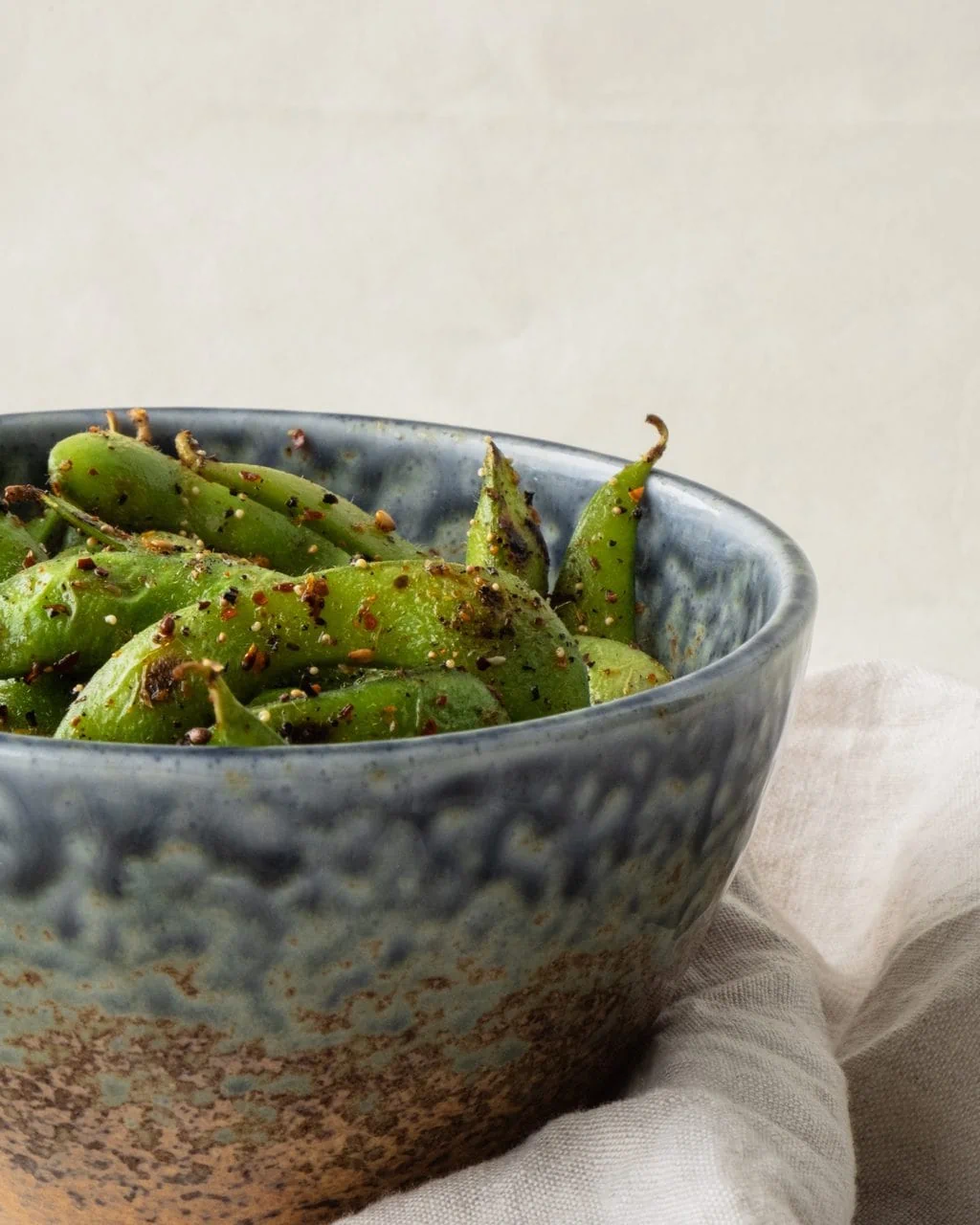 fried edamame side close up