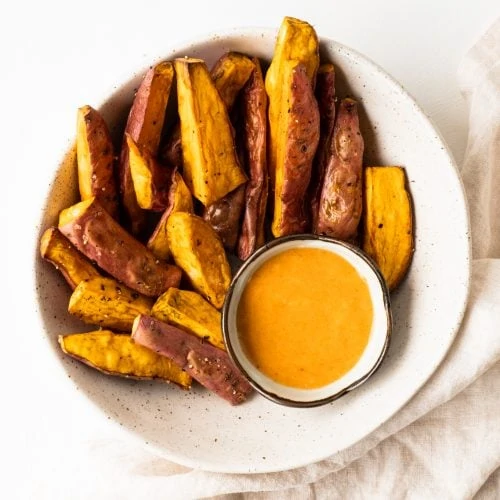 sweet potato wedges from above white