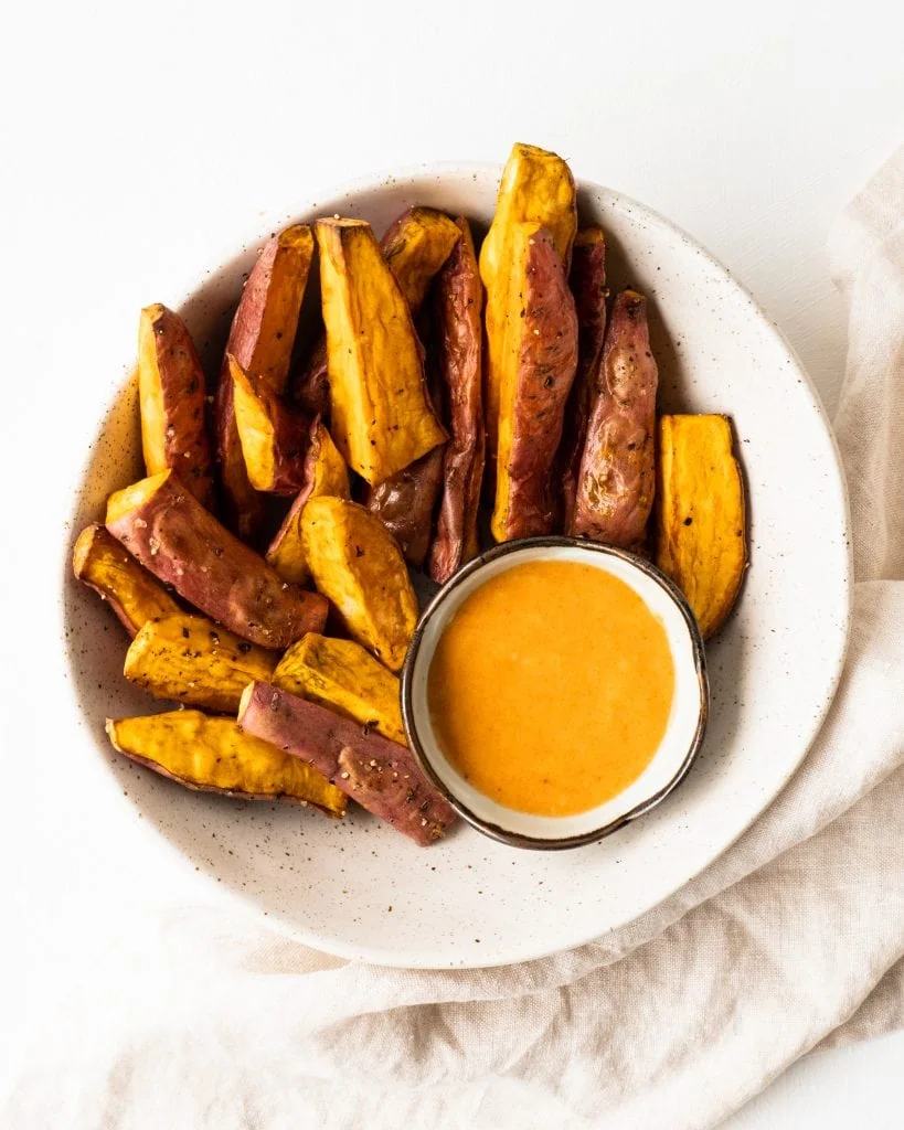 sweet potato wedges from above white