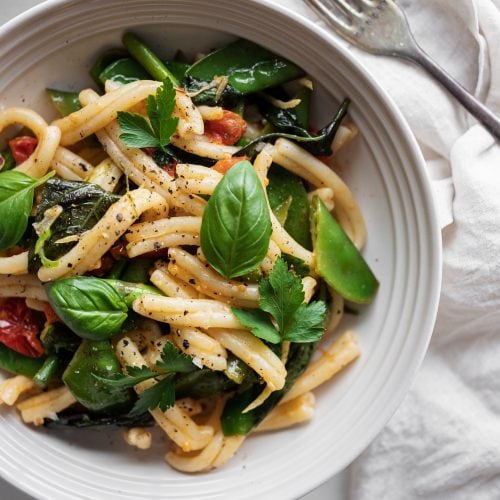 spring pasta from above close up