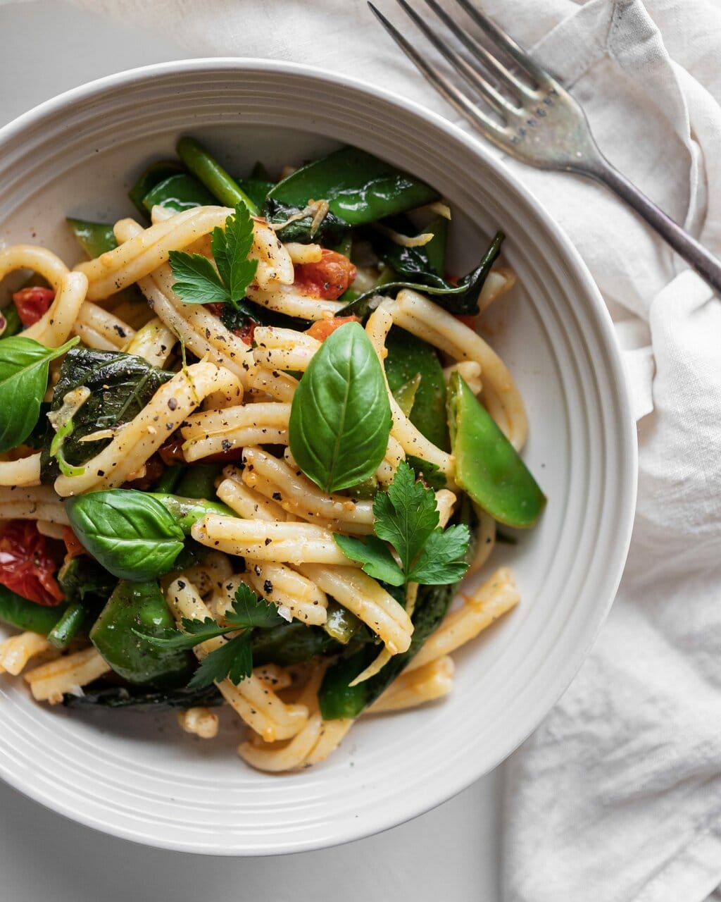 spring pasta from above close up