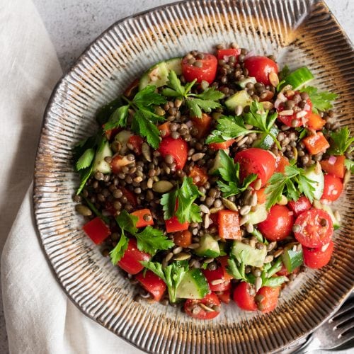 summer lentil salad above close up