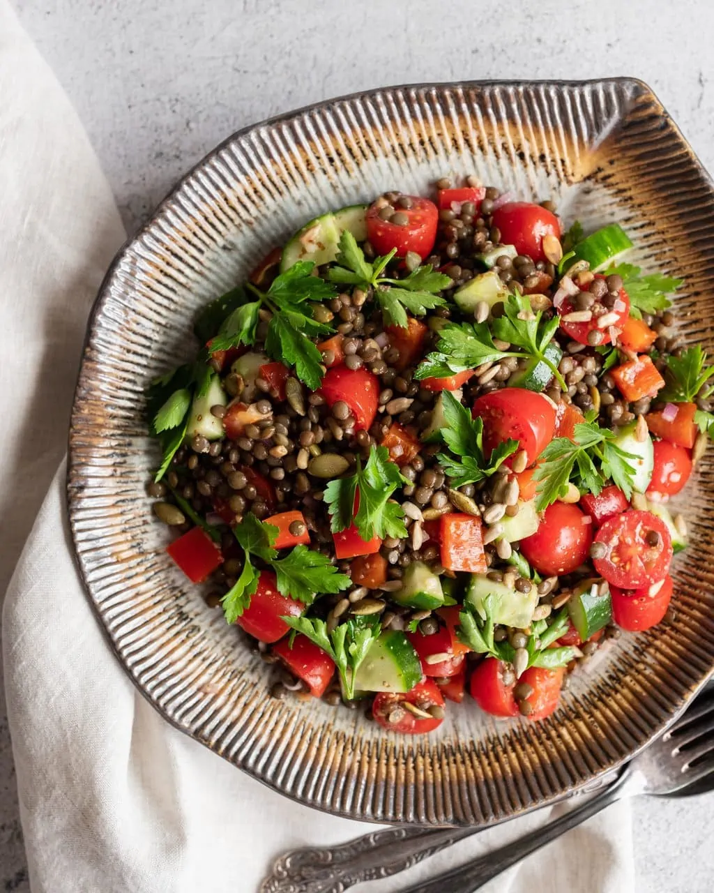 summer lentil salad above close up