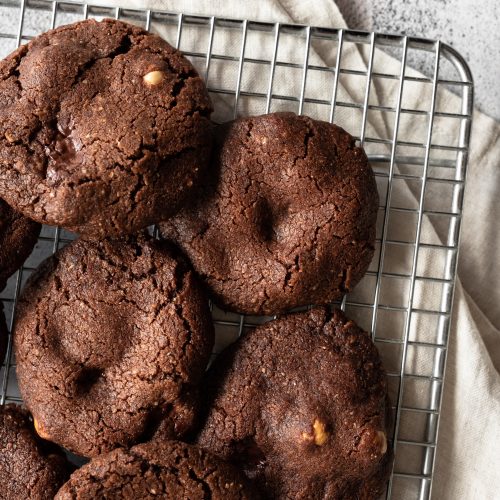 double chocolate and hazelnut cookies from above close up