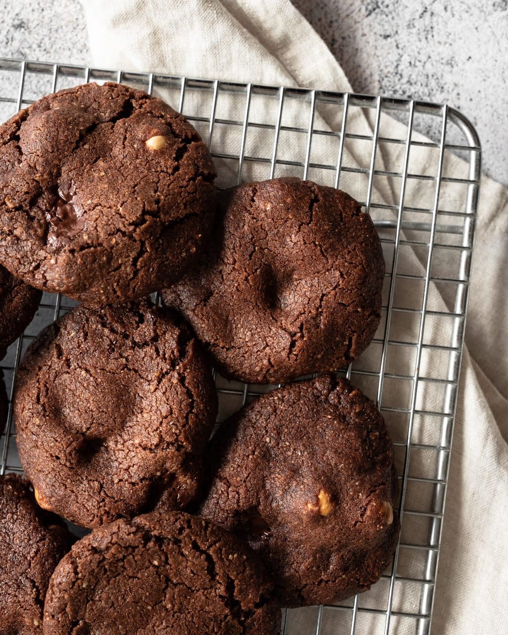 double chocolate and hazelnut cookies from above close up