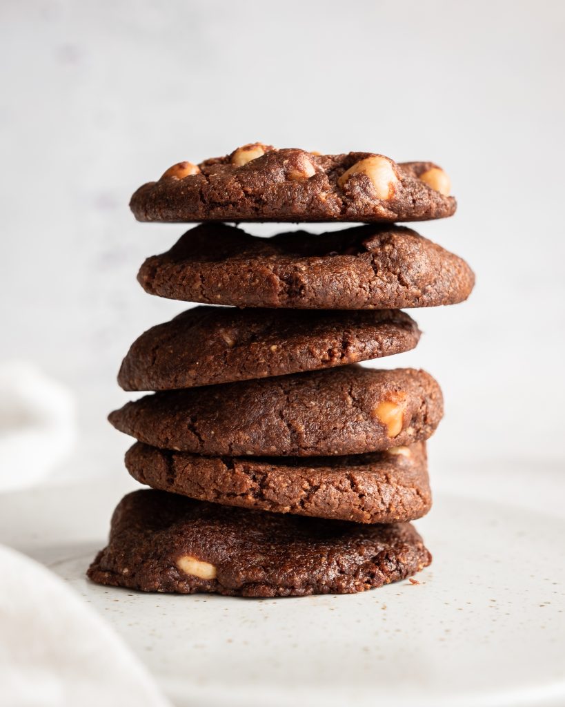 double chocolate and hazelnut cookies stack from side