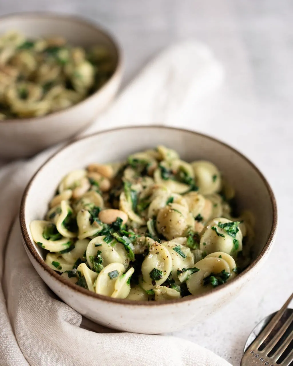 creamy spinach and cannellini bean pasta from the side